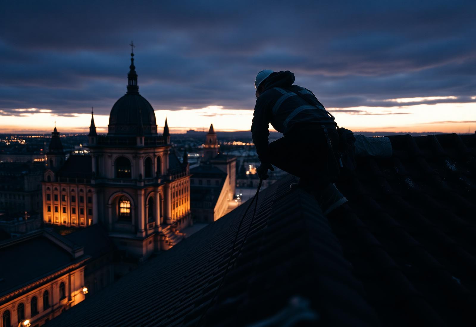 Tetőfedő munka közben egy budapesti háztetőn
